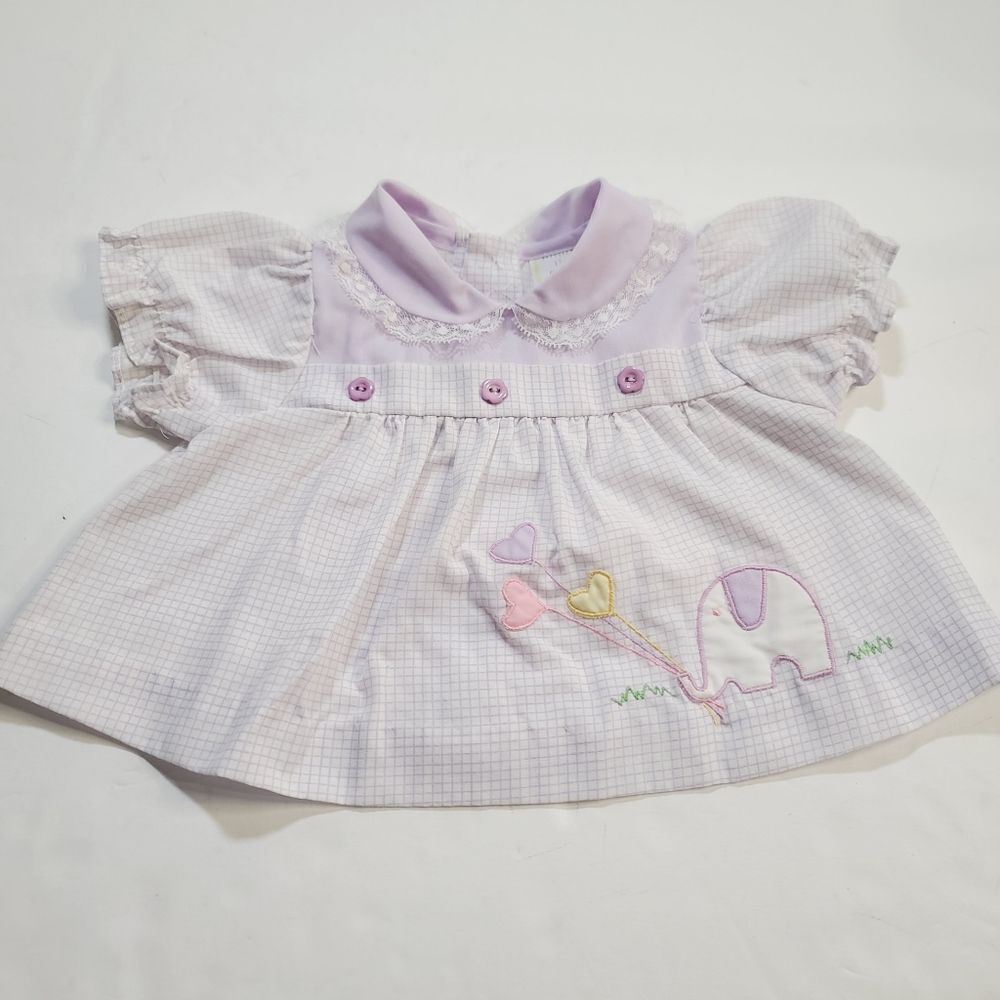 Vintage 90s Pastel Purple Checked Baby Girl Dress Elephant Hearts Balloons